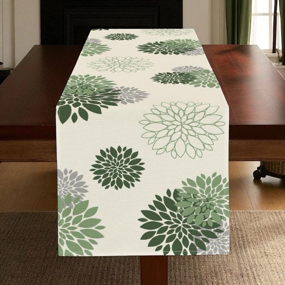 Dahlia Pinnata Flower Table Runner, Sage Green  72"x13" Burlap Modern Farmhouse